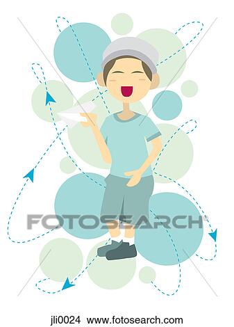 Stock Illustration - A happy boy playing with a paper airplane. Fotosearch