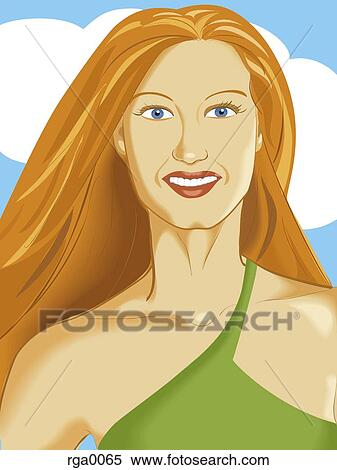 A happy woman posing in front of a blue sky with clouds View Large Illustration Stock Illustration - A happy woman posing in front of a blue sky with clouds. Fotosearch