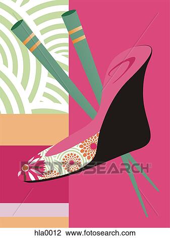 Drawing - A high heel wedge shoe and chopsticks. Fotosearch
