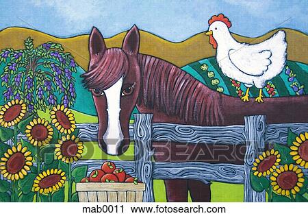 Clip Art - A horse and chicken on a farm in the country. Fotosearch