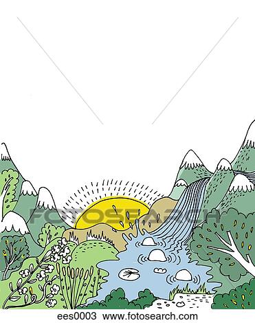 A landscape with a sunrise, mountains and waterfall View Large Illustration Drawing - A landscape with a sunrise, mountains and waterfall. Fotosearch