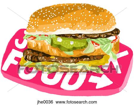 Stock Illustration - A large hamburger on a junk food sign. Fotosearch