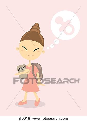 Stock Illustration - A little girl going to school and thinking about her pacifier. Fotosearch