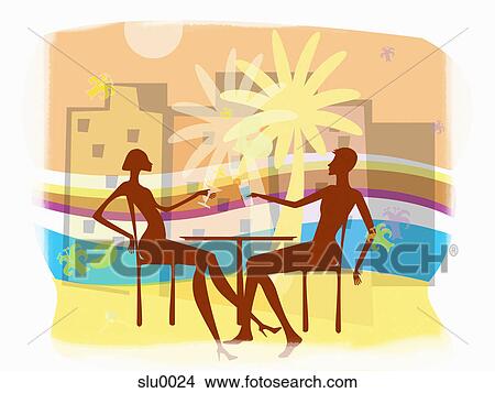 Stock Illustration - A man and a woman having drinks a table at a beach resort. Fotosearch