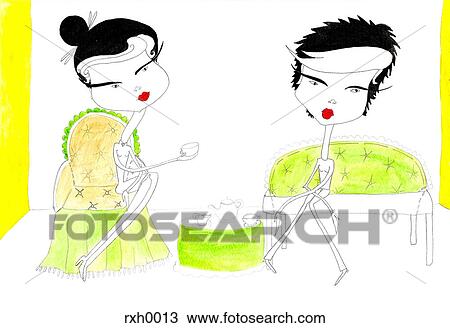 A man and a woman having tea View Large Illustration Drawing - A man and a woman having tea. Fotosearch
