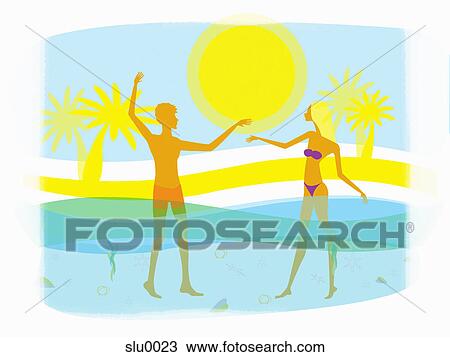 A man and a woman playing in the water at a beach View Large Illustration Drawing - A man and a woman playing in the water at a beach. Fotosearch