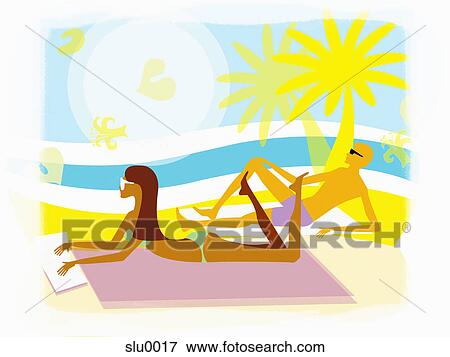 Stock Illustration - A man and a woman suntanning on the beach. Fotosearch