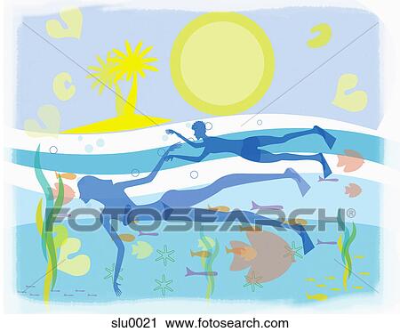 A man and a woman swimming with fish in the ocean View Large Illustration Clip Art - A man and a woman swimming with fish in the ocean. Fotosearch