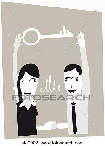 Drawing - A man and a woman talking, shaking hands and reaching up towards a key. Fotosearch