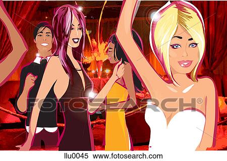 A man and three young women dancing a night club View Large Illustration Stock Illustration - A man and three young women dancing a night club. Fotosearch