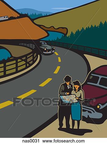 Clip Art - A man and woman looking at a map on the side of the road by a car. Fotosearch
