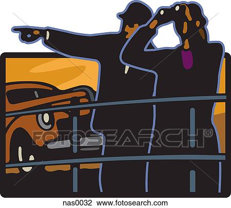 Drawing - A man and woman looking into the distance with binoculars in front of a car. Fotosearch