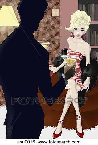 Stock Illustration - A man bringing cocktail drinks to a woman. Fotosearch