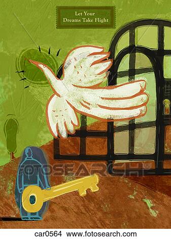 Stock Illustration - A man holding a key and setting free a caged bird and the text: Let Your Dreams Take Flight. Fotosearch