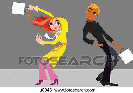 A man looking at a woman who is being blown by the wind View Large Illustration Drawing - A man looking at a woman who is being blown by the wind. Fotosearch