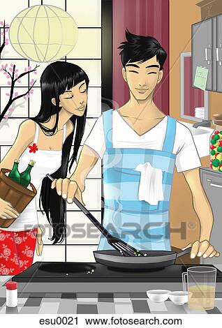 Clip Art - A man making dinner while a woman looks on. Fotosearch