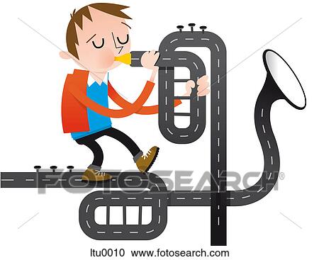 A man playing a trumpet that is a long road View Large Illustration Clipart - A man playing a trumpet that is a long road. Fotosearch
