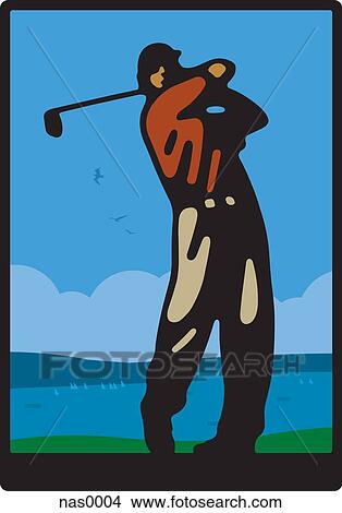 Stock Illustration - A man playing golf at a course by the sea. Fotosearch
