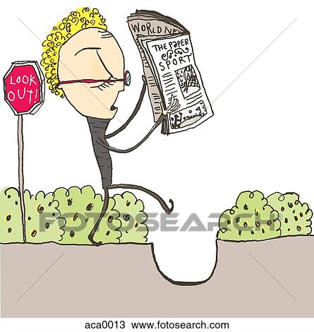Drawing - A man reading the newspaper and oblivious to the hole in the sidewalk. Fotosearch