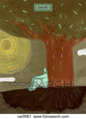 A man sitting under a tree and the text: Just Be View Large Illustration Clip Art - A man sitting under a tree and the text: Just Be. Fotosearch