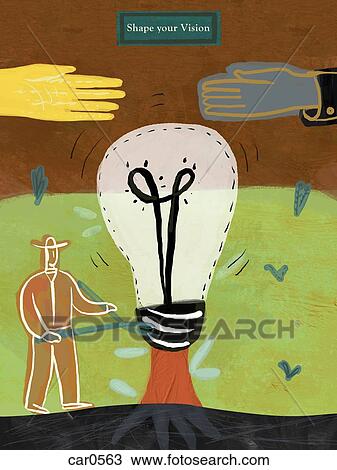 Drawing - A man trimming a hedge shaped lightbulb and the text: Shape Your Vision. Fotosearch