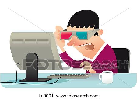 Clip Art - A man using 3D glasses with his computer. Fotosearch