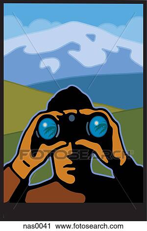 A man using binoculars looking out and mountains behind him View Large Illustration Clip Art - A man using binoculars looking out and mountains behind him. Fotosearch