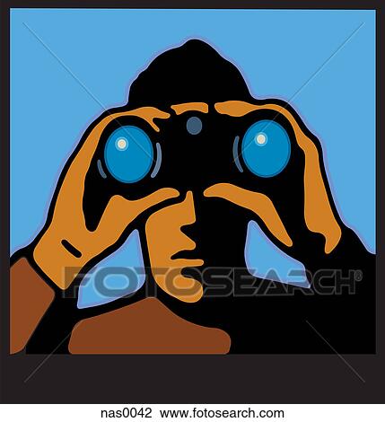 Drawing - A man using binoculars looking out. Fotosearch