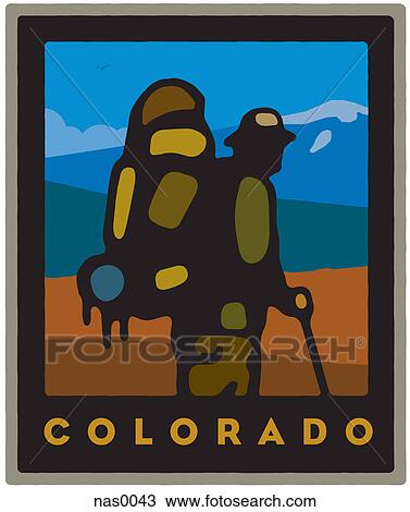 A man with a walking stick and back pack in Colorado View Large Illustration Drawing - A man with a walking stick and back pack in Colorado. Fotosearch