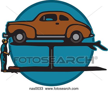 Drawing - A mechanic fixing a car on a jack. Fotosearch
