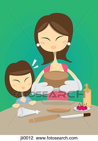 A mother and daughter making a cake View Large Illustration Drawing - A mother and daughter making a cake. Fotosearch