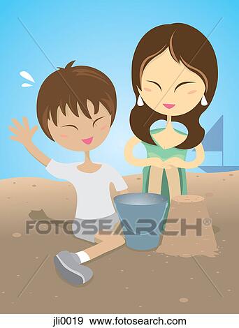 A mother and son building sand castles at the beach View Large Illustration Stock Illustration - A mother and son building sand castles at the beach. Fotosearch