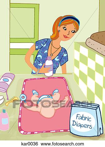Stock Illustration - A mother changing her babys fabric diapers. Fotosearch