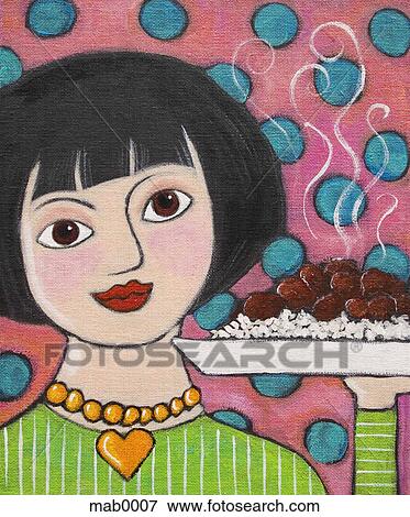 A painting of a woman holding a hot plate of food View Large Illustration Stock Illustration - A painting of a woman holding a hot plate of food. Fotosearch