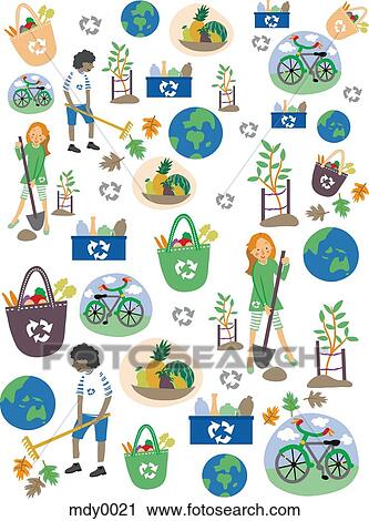 A pattern for Earth Day with children, recycling, Earth and bicycles View Large Illustration Clip Art - A pattern for Earth Day with children, recycling, Earth and bicycles. Fotosearch