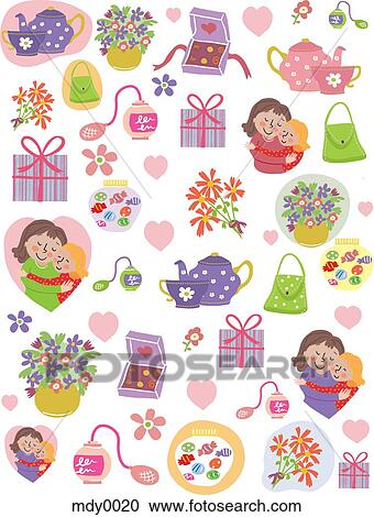 A pattern for Mothers Day with mothers, flowers, perfume and chocolates View Large Illustration Clipart - A pattern for Mothers Day with mothers, flowers, perfume and chocolates. Fotosearch