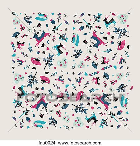 A pattern of birds, deer and trees View Large Illustration Stock Illustration - A pattern of birds, deer and trees. Fotosearch