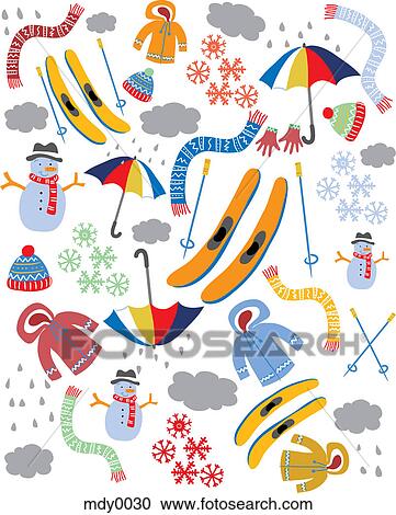 Clipart - A pattern of coats, scarves, snowflakes and skis for the winter. Fotosearch