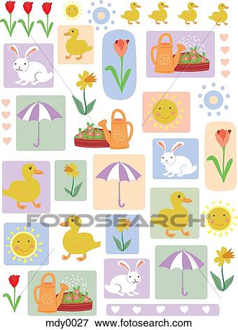 Stock Illustration - A pattern of ducks, rabbits, flowers and rain in the spring. Fotosearch