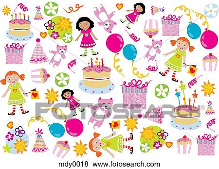 Stock Illustration - A pattern of girls, toys and cakes for a girls birthday. Fotosearch