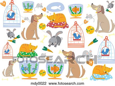 A pattern of pet dogs, cats, rabbits, mice, birds and fish View Large Illustration Drawing - A pattern of pet dogs, cats, rabbits, mice, birds and fish. Fotosearch