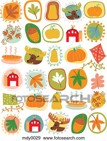 Stock Illustration - A pattern of pumpkins, moose, leaves and harvest in the autumn. Fotosearch