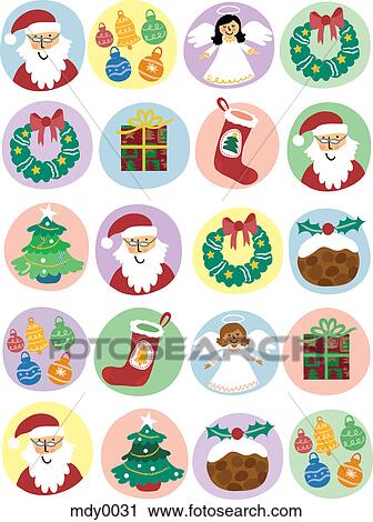 A pattern of Santa, angels, gifts and wreaths for Christmas View Large Illustration Clip Art - A pattern of Santa, angels, gifts and wreaths for Christmas. Fotosearch