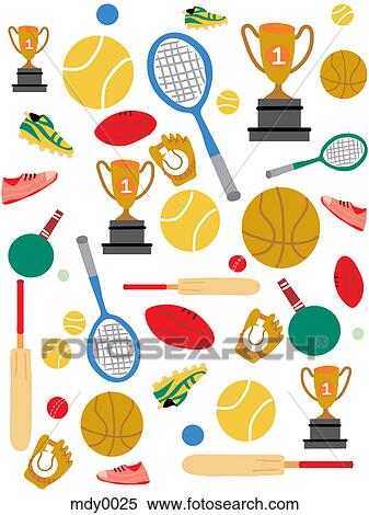 A pattern of sports equipment and trophies View Large Illustration Stock Illustration - A pattern of sports equipment and trophies. Fotosearch