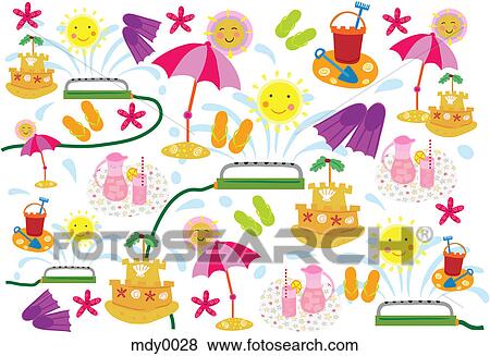 Stock Illustration - A pattern of suns, lemonade, sandcastles and sprinklers in the summer. Fotosearch