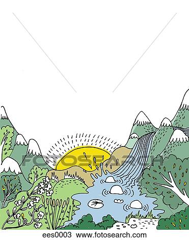 A Paysage à A Levers De Soleil Montagnes Et Chute Eau Dessin