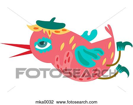 A pink flying bird with a blue beret and blue shoes View Large Illustration Drawing - A pink flying bird with a blue beret and blue shoes. Fotosearch