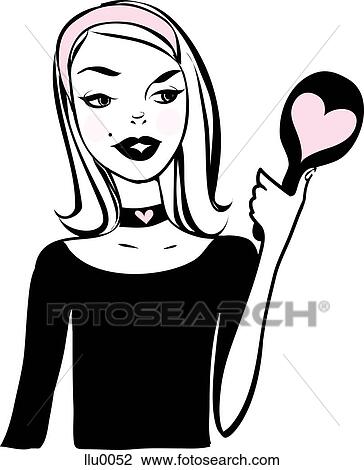 Drawing - A retro inspired illustration of a young woman holding a mirror with a heart on it. Fotosearch