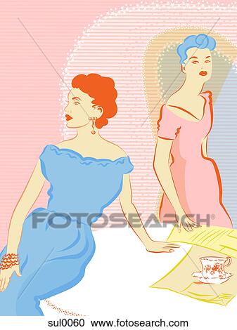 A retro inspired illustration of two women in dresses View Large Illustration Clipart - A retro inspired illustration of two women in dresses. Fotosearch