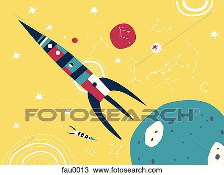 A rocket flying in space View Large Illustration Drawing - A rocket flying in space. Fotosearch